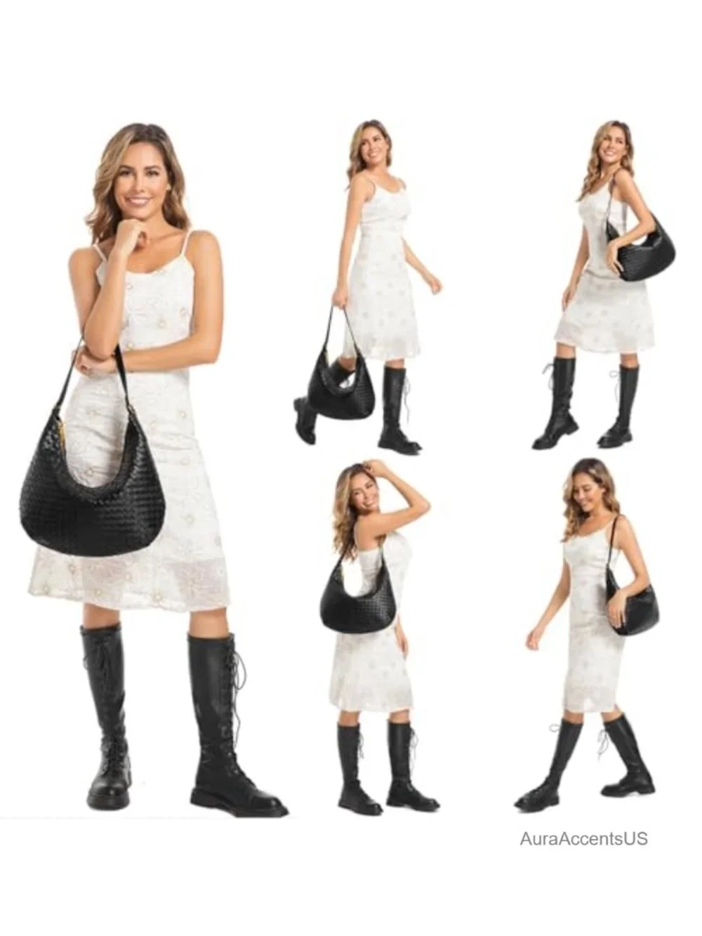 Woven Faux Leather Hobo Shoulder Bag with Zipper Lightweight Tote
